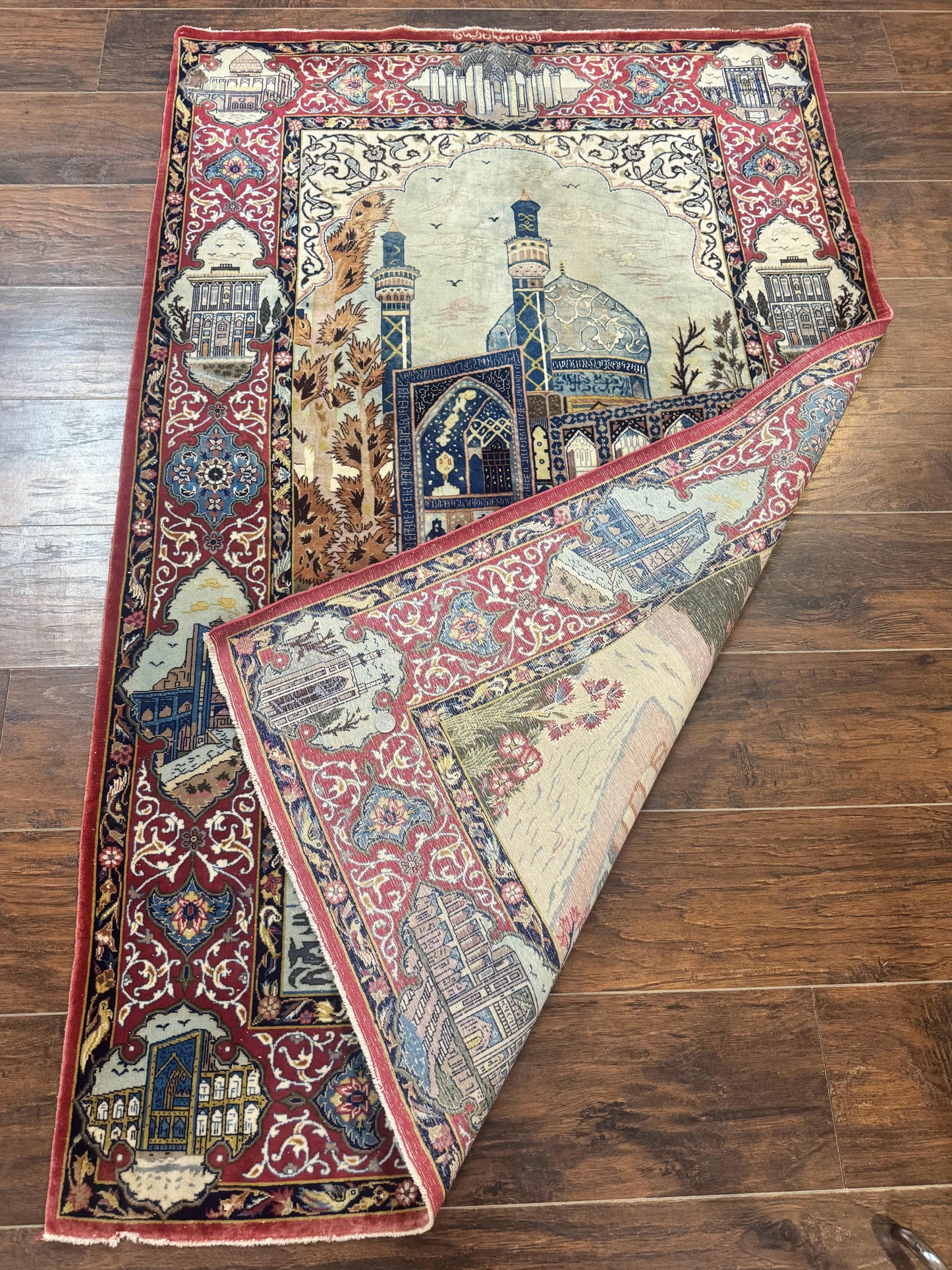 Persian Isfahan Pictorial Rug 3.6 x 5.7, Very Fine 400 KPSI, Historical Buildings, Signed By Masterweaver, Handmade - Nuvé