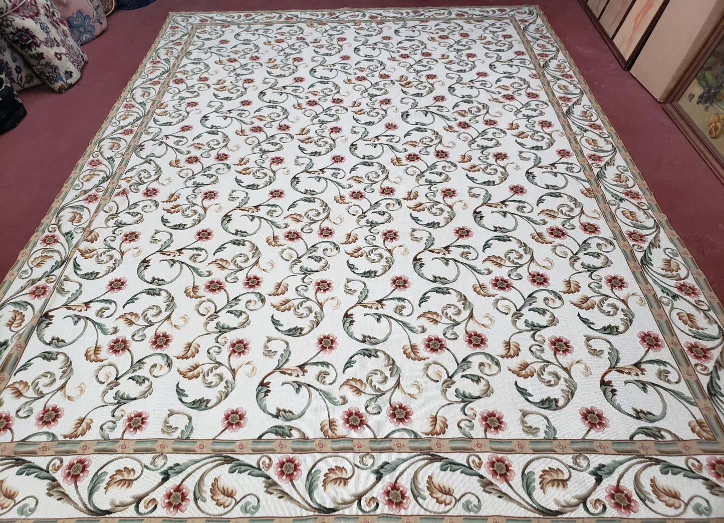 Needlepoint Rug 9x12, European Aubusson Design, Floral Allover Garden Pattern, New Needlepoint Area Rug, Ivory Rug, Hand Woven, Flatweave - Nuvé
