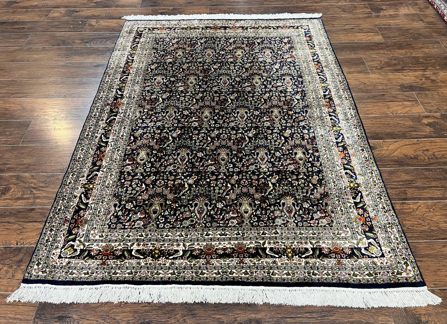 Silk Indian Kashmiri Rug 5x7, Navy Blue Indo Persian Silk Carpet 5 x 7 ft, Hand Knotted Handmade Very Fine Oriental Carpet, 450 KPSI, Birds - Nuvé