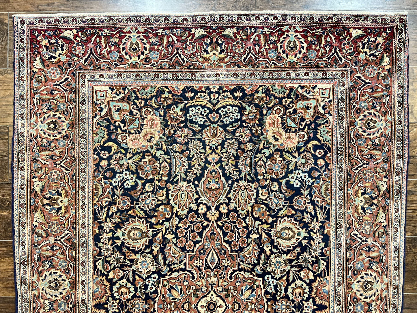 Persian Kashan Rug 4x7, Floral Medallion Vintage Handmade Hand Knotted Navy Blue & Red Wool Oriental Carpet, Highly Detailed Semi Antique Rug - Nuvé