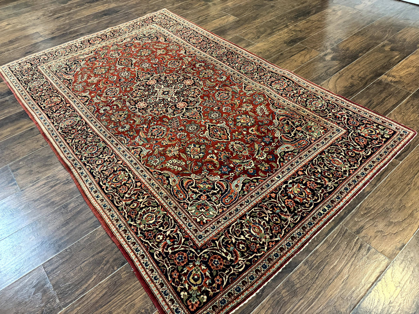 Persian Kashan Rug 4x7, Red and Navy Blue, Floral Antique Carpet - Nuvé