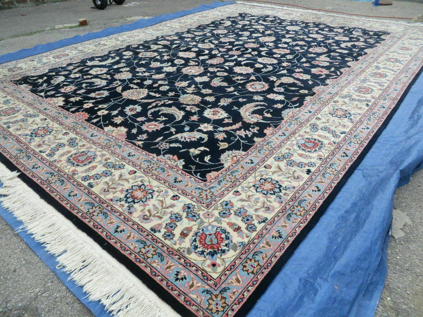 Large Indo Persian Rug 10x14, Wool Hand-Knotted Carpet, Navy Blue Ivory