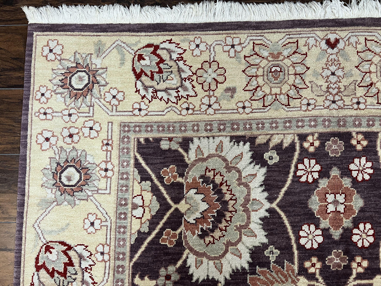 Vintage Indo Mahal Area Rug 6x9, Indian Persian Oriental Carpet 6 x 9, Puce Eggplant Tan Beige Rug, Hand-Knotted, Large Floral Design Wool - Nuvé