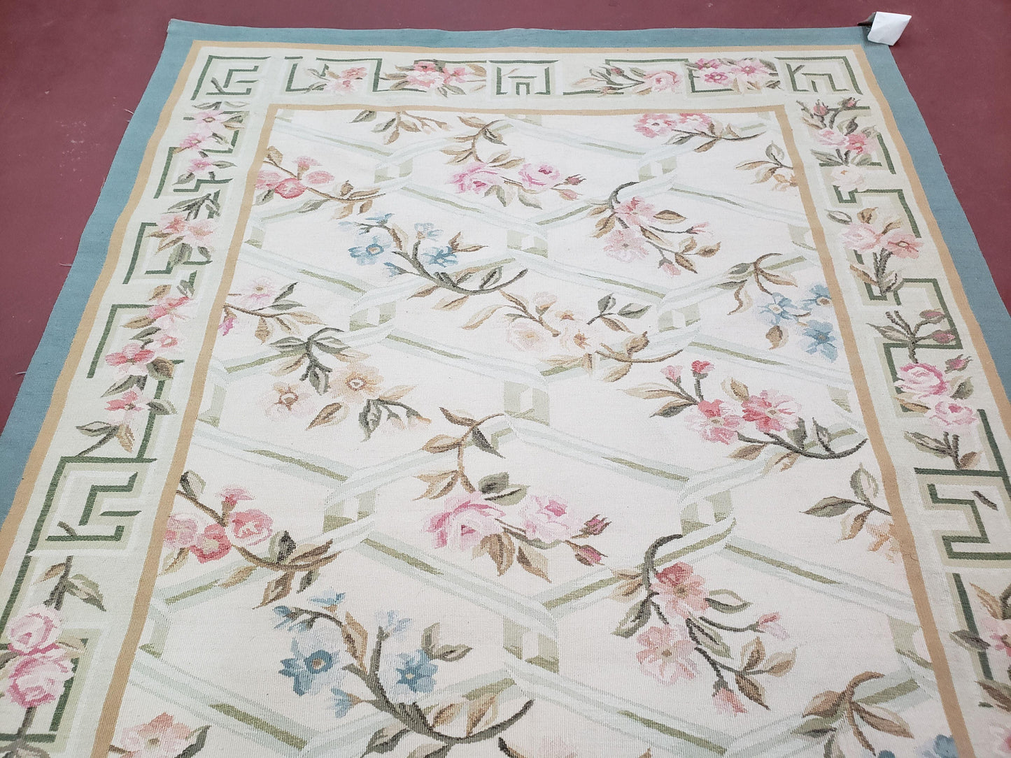 Vintage Aubusson Area Rug, Aubusson Flat weave Carpet, Floral Geometric Pattern, Beige Teal Green, 4x6 Rug, European Design - Nuvé