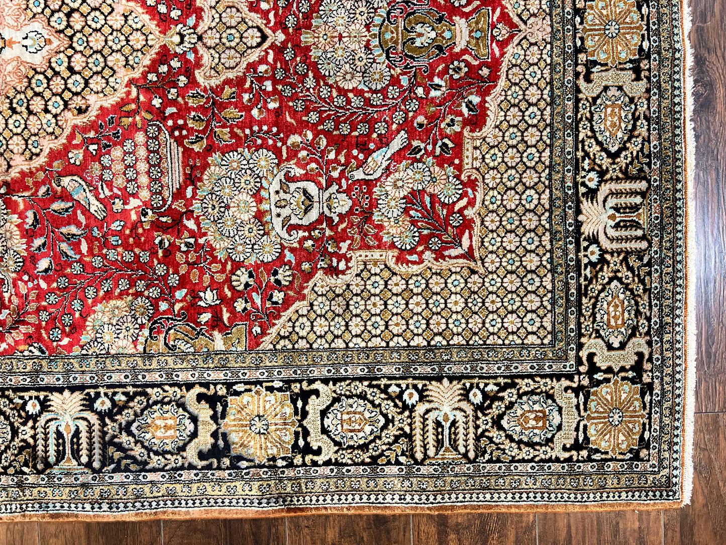 Wonderful Persian Silk Rug 5x7, Birds Floral Vases, Red, Hand Knotted Silk Fine Oriental Carpet, Handmade Vintage, Persian Qum Rug, 400 KPSI - Nuvé