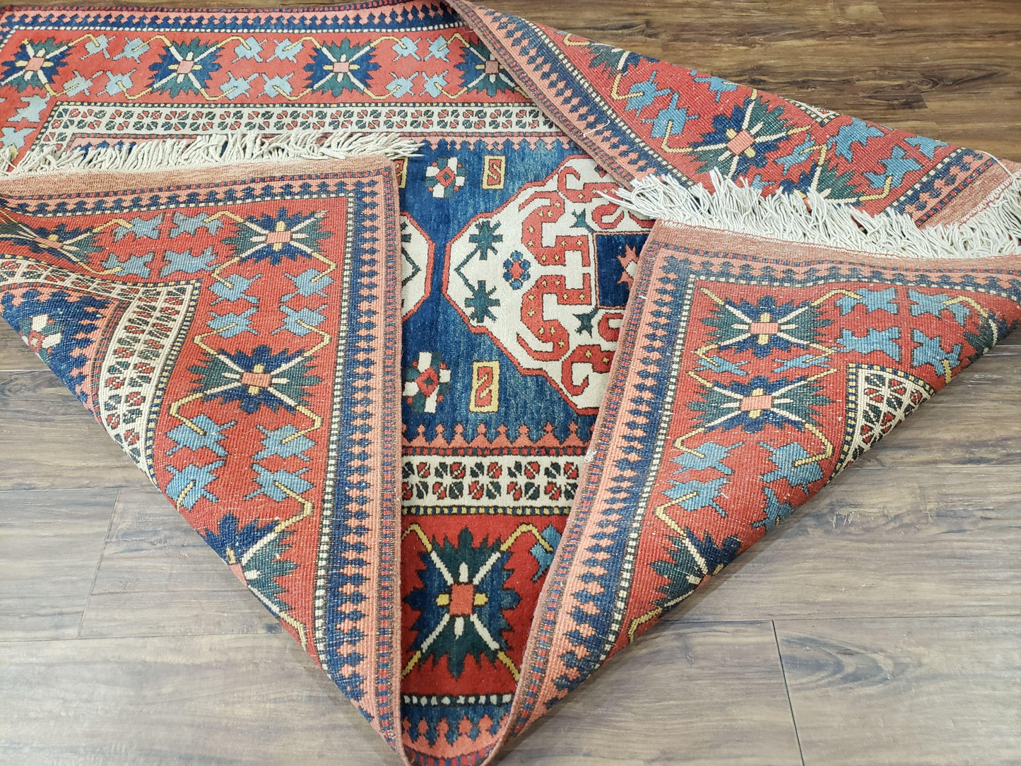 Turkish Kazak Rug 5x6 Vintage Handmade Wool Carpet Geometric Blue Red - Nuvé