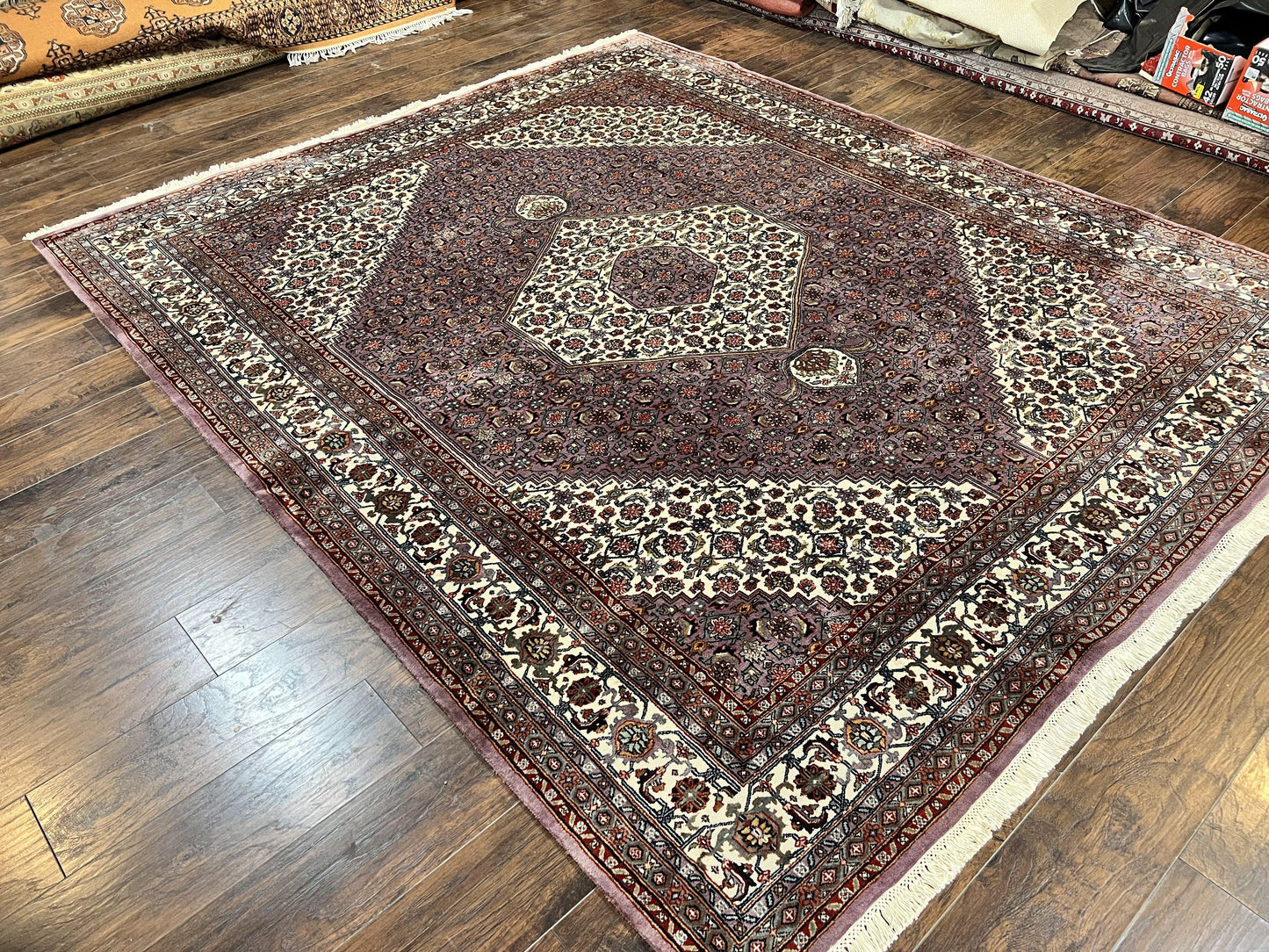 Indo Persian Bidjar Rug 8x10, Purple and Ivory Hand Knotted Wool Vintage Oriental Carpet, Herati Mahi Pattern, 8 x 10 Traditional Fine Rug - Nuvé
