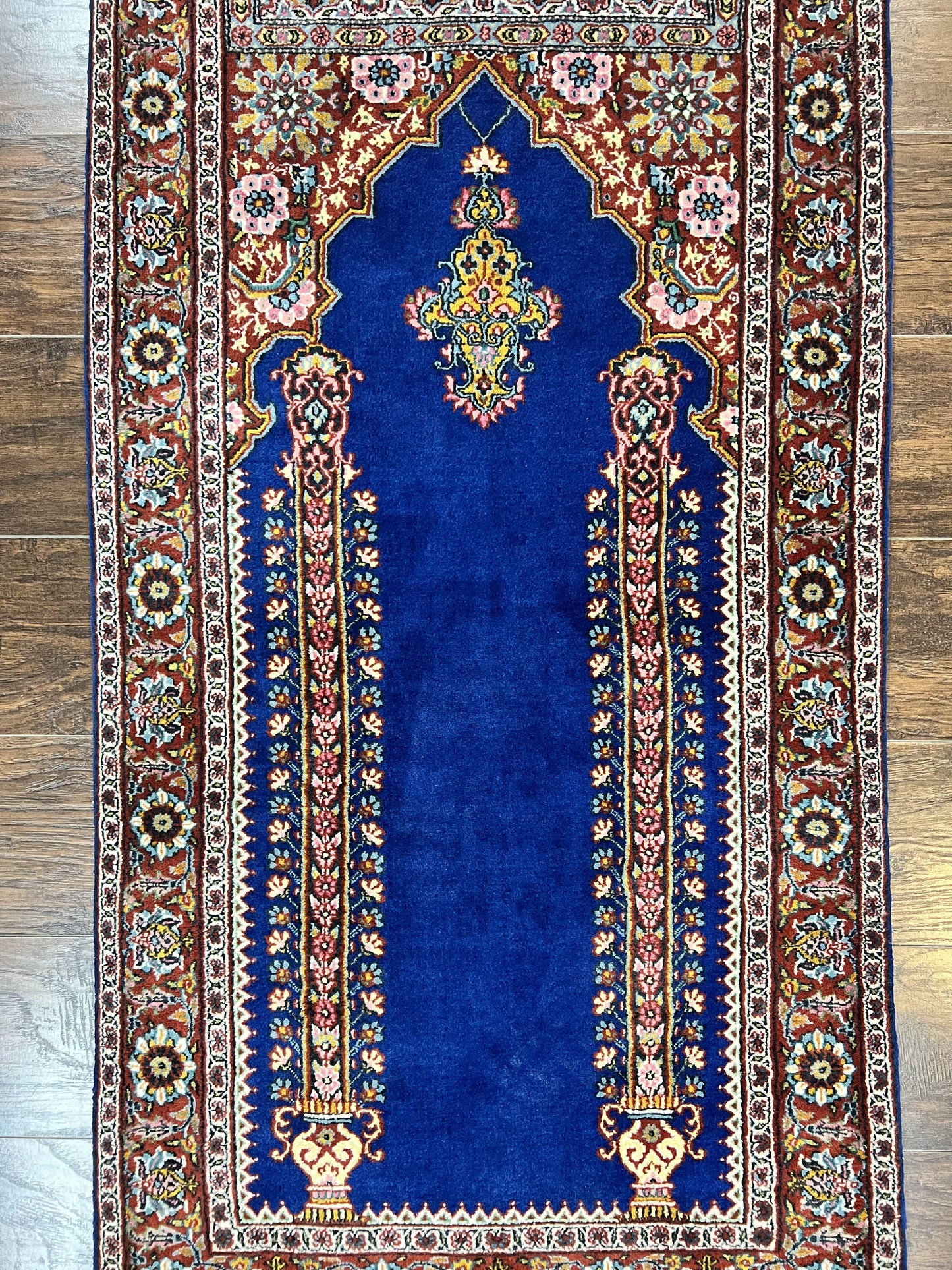 Indo Persian Prayer Rug 3x5, Fine Oriental Carpet, Dark Blue and Red, Vintage Hand Knotted Handmade Prayer Rug - Nuvé