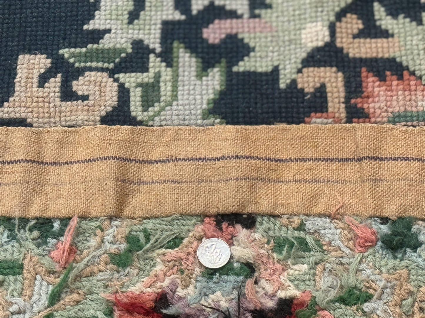 Vintage American Needlepoint Rug 4x6, Dark Green, Wool, Handmade, Flatweave Carpet - Nuvé