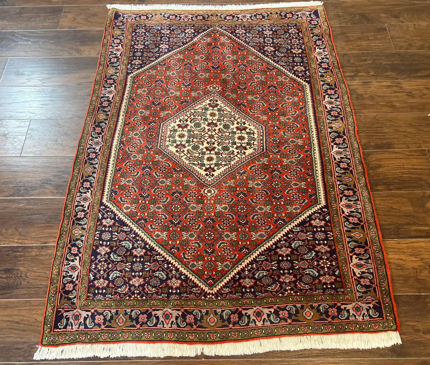 Persian Bidjar Rug 4x5, Finely Hand Knotted Vintage Carpet, Red and Navy Blue, Handmade Wool Rug, 180 KPSI - Nuvé