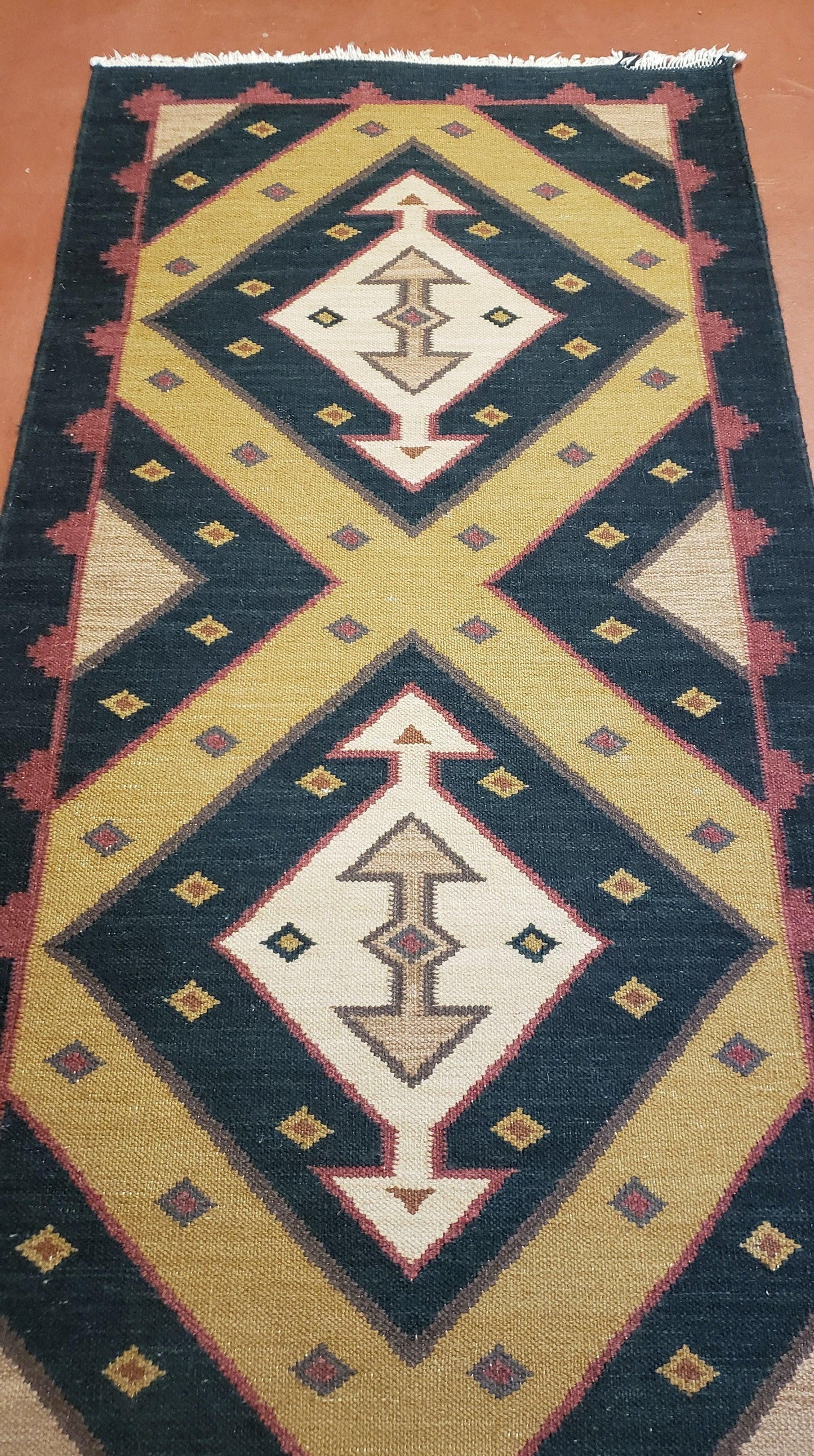 Vintage Indian Kilim Runner Rug, Geometric Flatweave Hand-Knotted Wool Kitchen Hallway Runner, Black Gold & Beige, 2' 8" x 9' 9" - Nuvé
