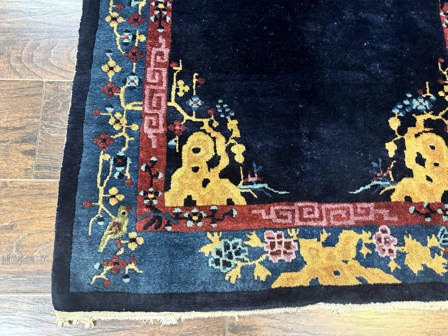 Antique Chinese Peking Rug 3x6, Dark Blue, Bird Motif, Handmade Wool Art Deco Asian Oriental Carpet, Pair A - Nuvé