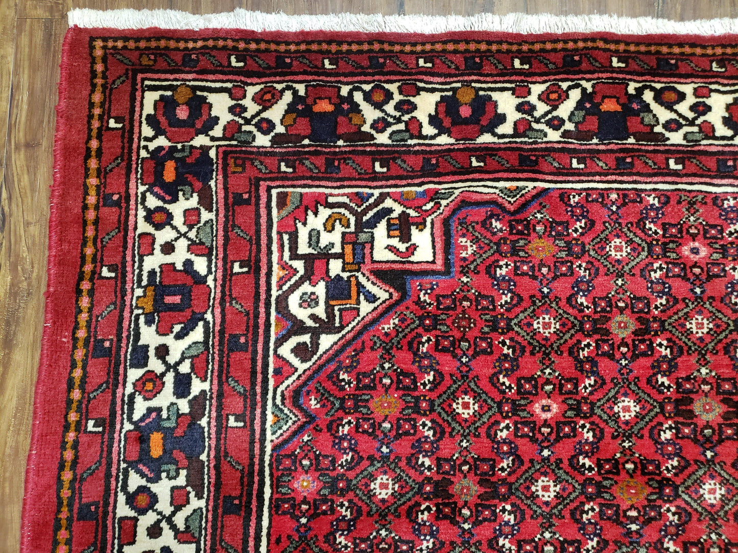 Vintage Persian Hamedan Rug 7x10, Angelas Mahi Pattern, Red, Wool, Hand-Knotted - Nuvé