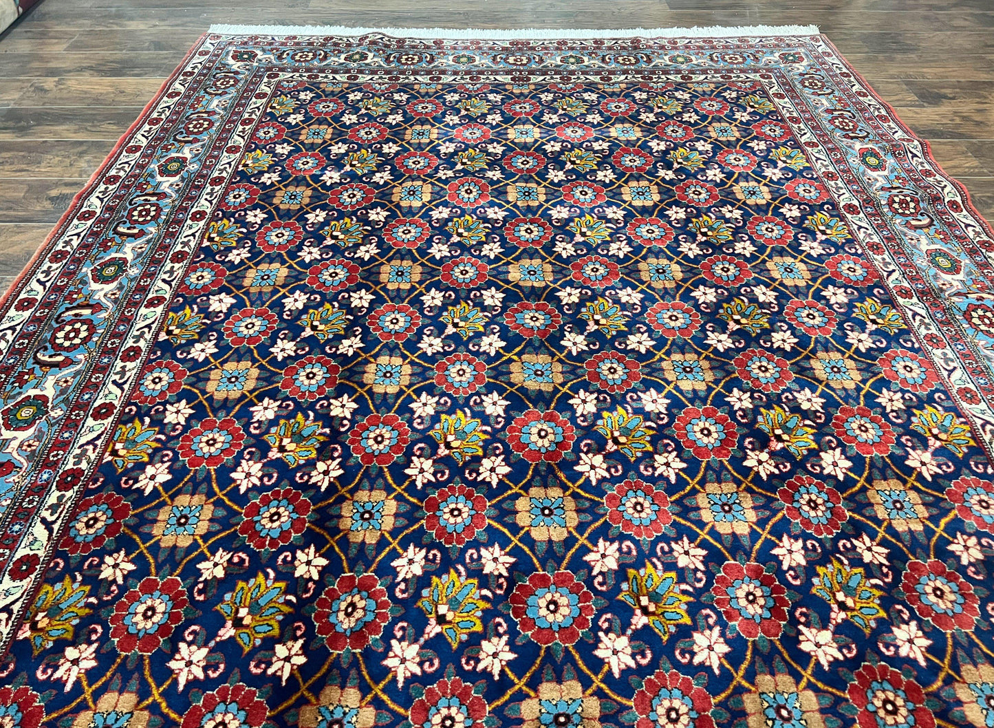 Persian Veramin Rug 7x11, Repeated Allover Pattern, Handmade Vintage Carpet, Navy Blue - Nuvé