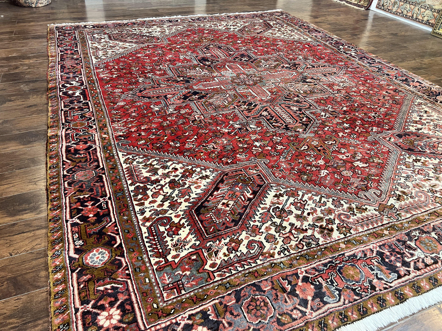 Large Persian Heriz Rug 10x13, Wool Hand Knotted Antique Carpet, Red and Ivory, Geometric Tribal Room Sized Rug, Decorative Oriental Rug - Nuvé