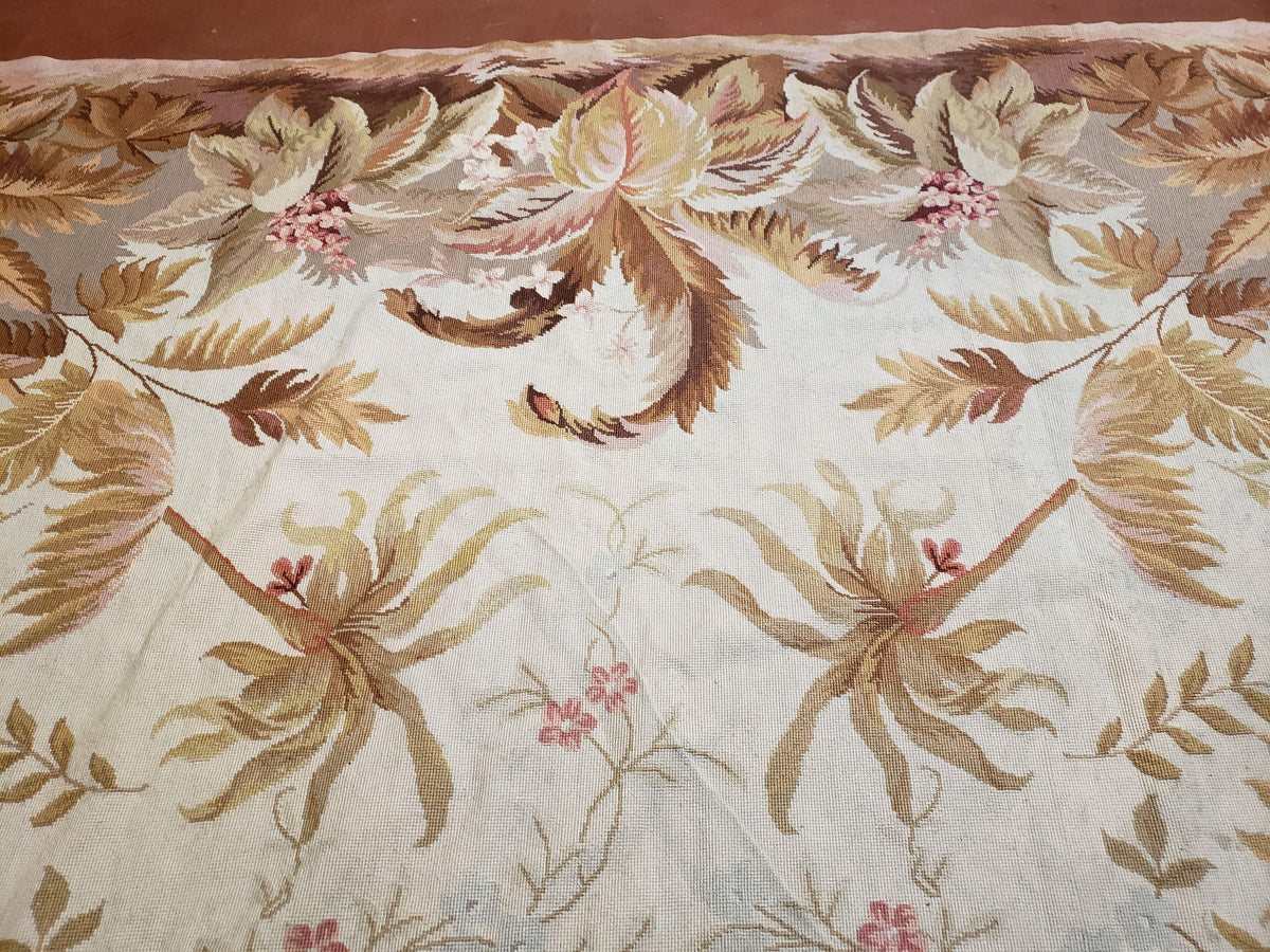 7' 7" x 9' 8" Needlepoint Rug Floral Beige Flat Weave Carpet 8x10 Handmade New Area Rug
