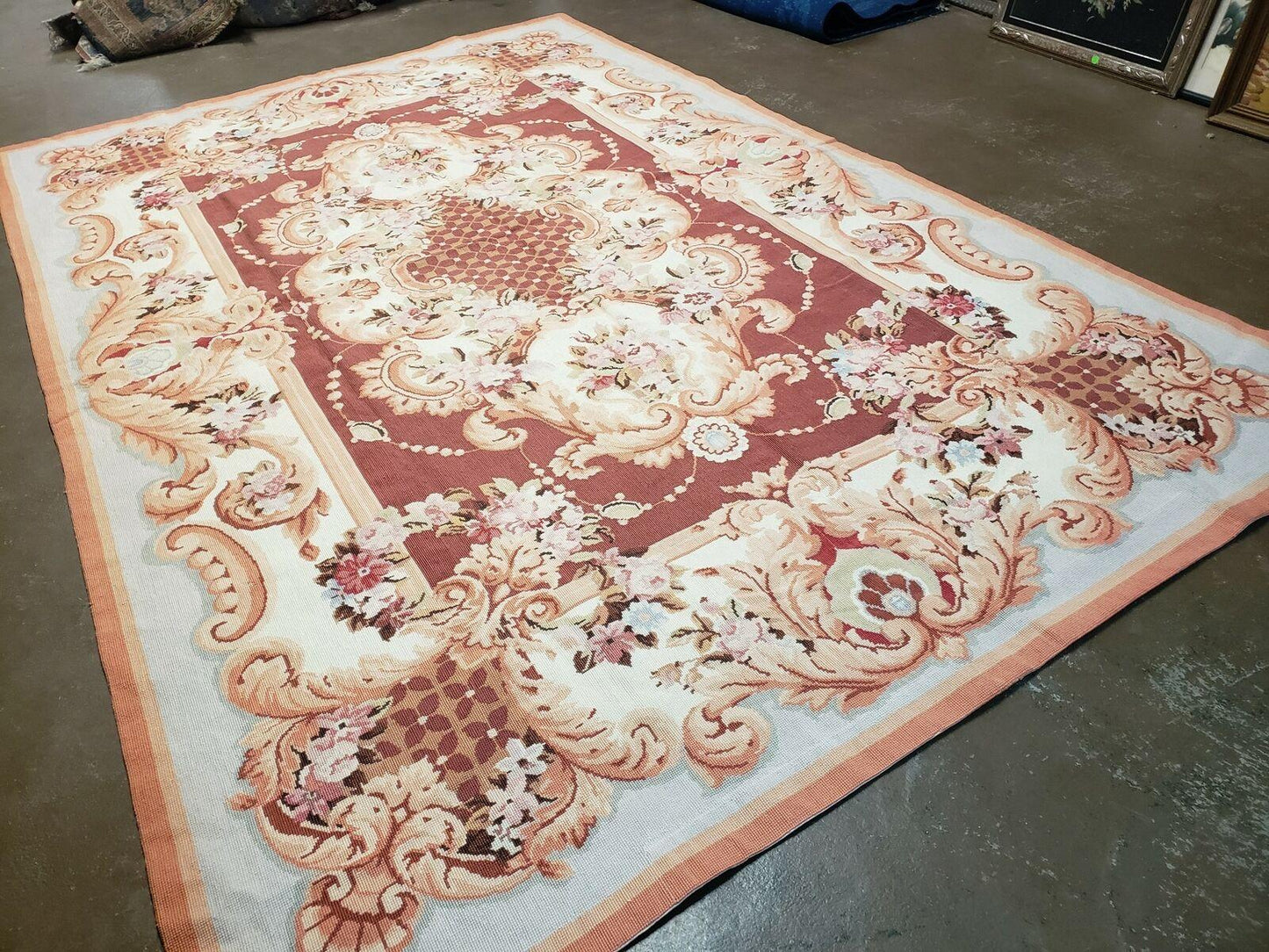 6' X 9' Vintage Handmade Chinese Needlepoint Wool Rug Flat Weave - Nuvé
