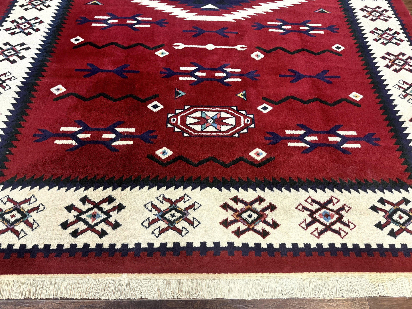 Belgium Power Loomed Rug 8x11, Navajo Native American Design, Dark Red and Ivory, Tribal Rug, Bohemian Carpet - Nuvé