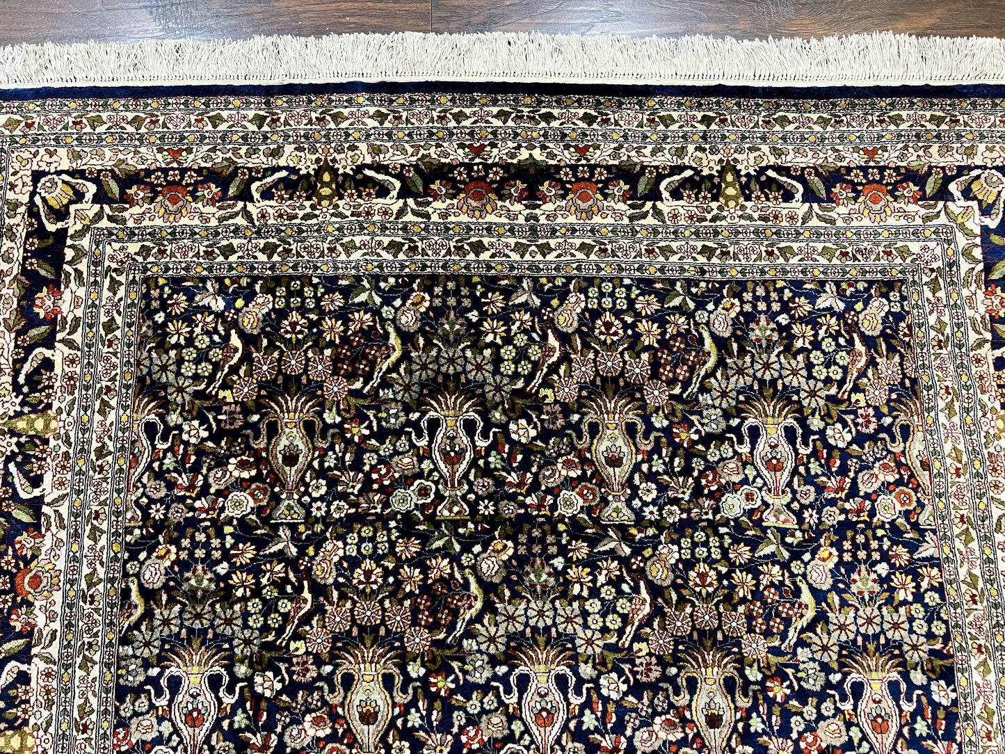 Silk Indian Kashmiri Rug 5x7, Navy Blue Indo Persian Silk Carpet 5 x 7 ft, Hand Knotted Handmade Very Fine Oriental Carpet, 450 KPSI, Birds - Nuvé