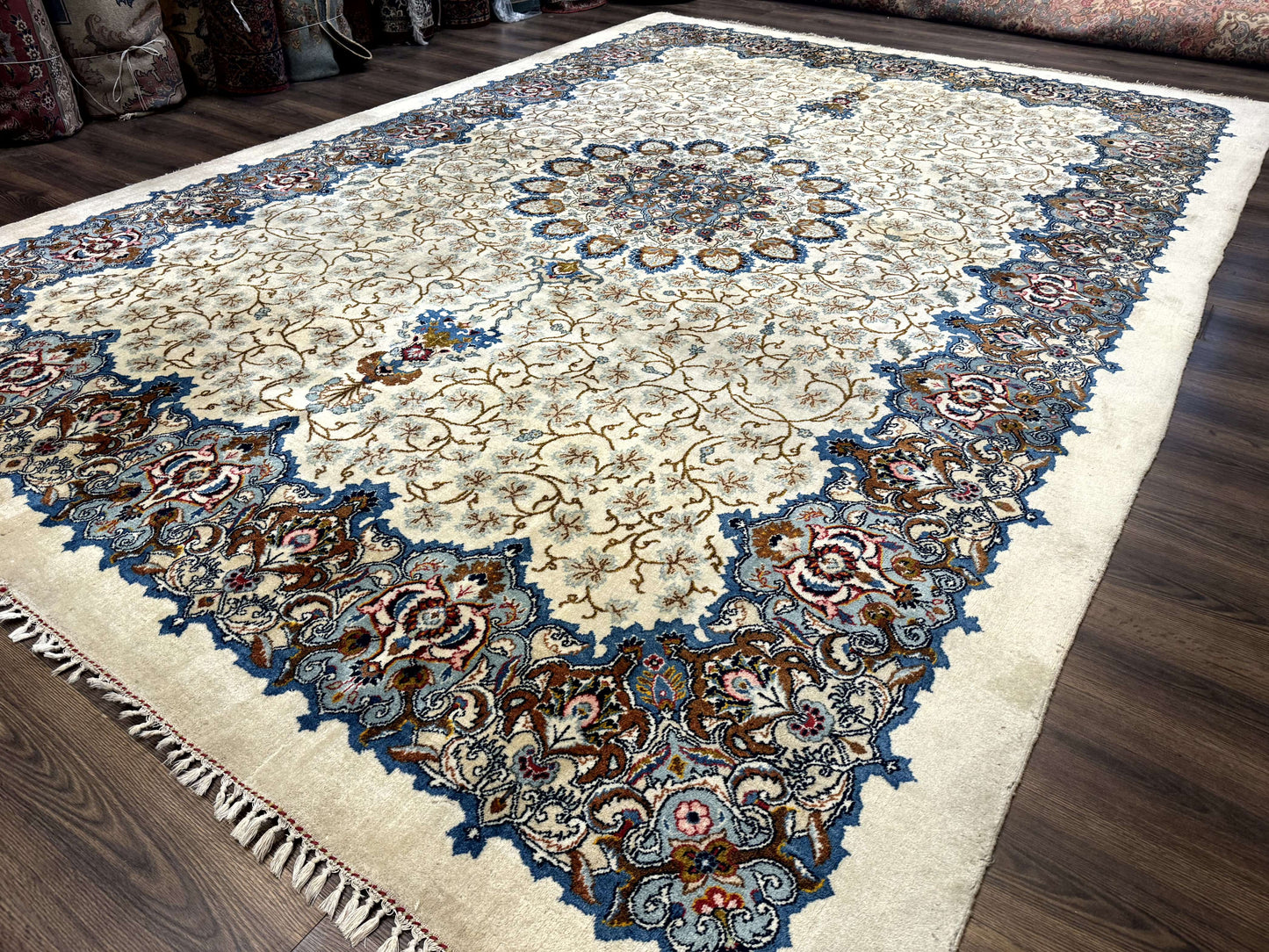 Persian Kashan Rug 9 x 12.6, Ivory and Blue, Floral Medallion, Wool Hand Knotted Semi Antique Carpet - Nuvé