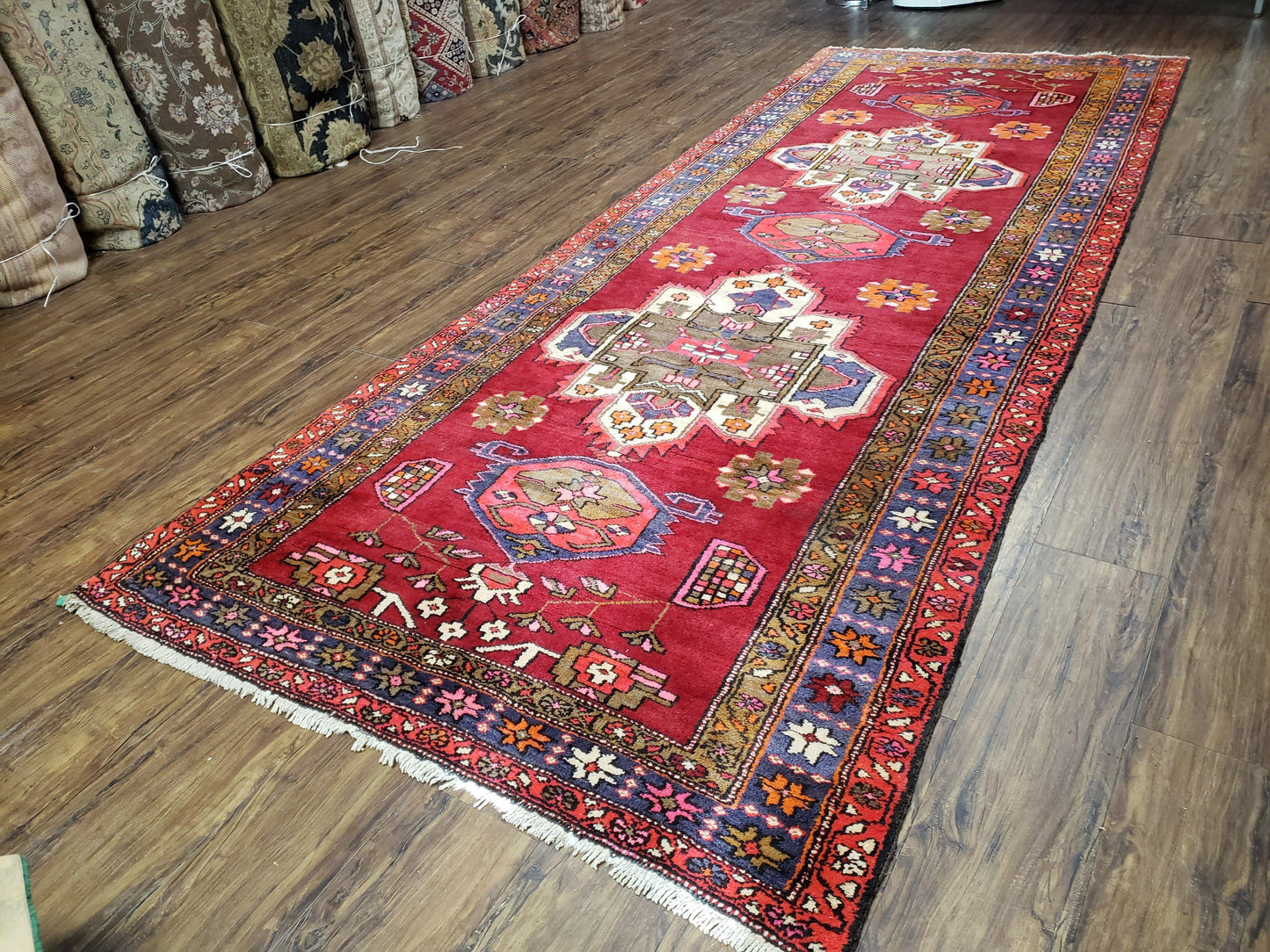 Antique Persian Karajeh Runner Rug 4.4 x 11 ft, Red Colorful Geometric Medallion Runner - Nuvé