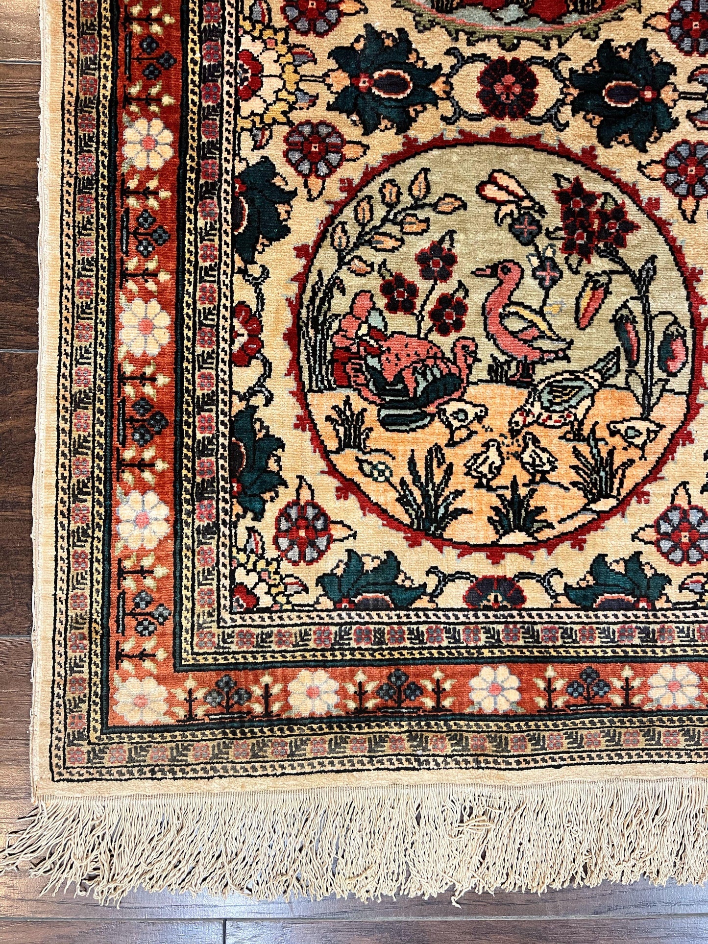Silk Turkish Rug 2x4, Fine Handmade Oriental Rug, Animal Pictorial Birds Silk Pile on Silk Foundation Vintage Hand Knotted Hereke Carpet - Nuvé