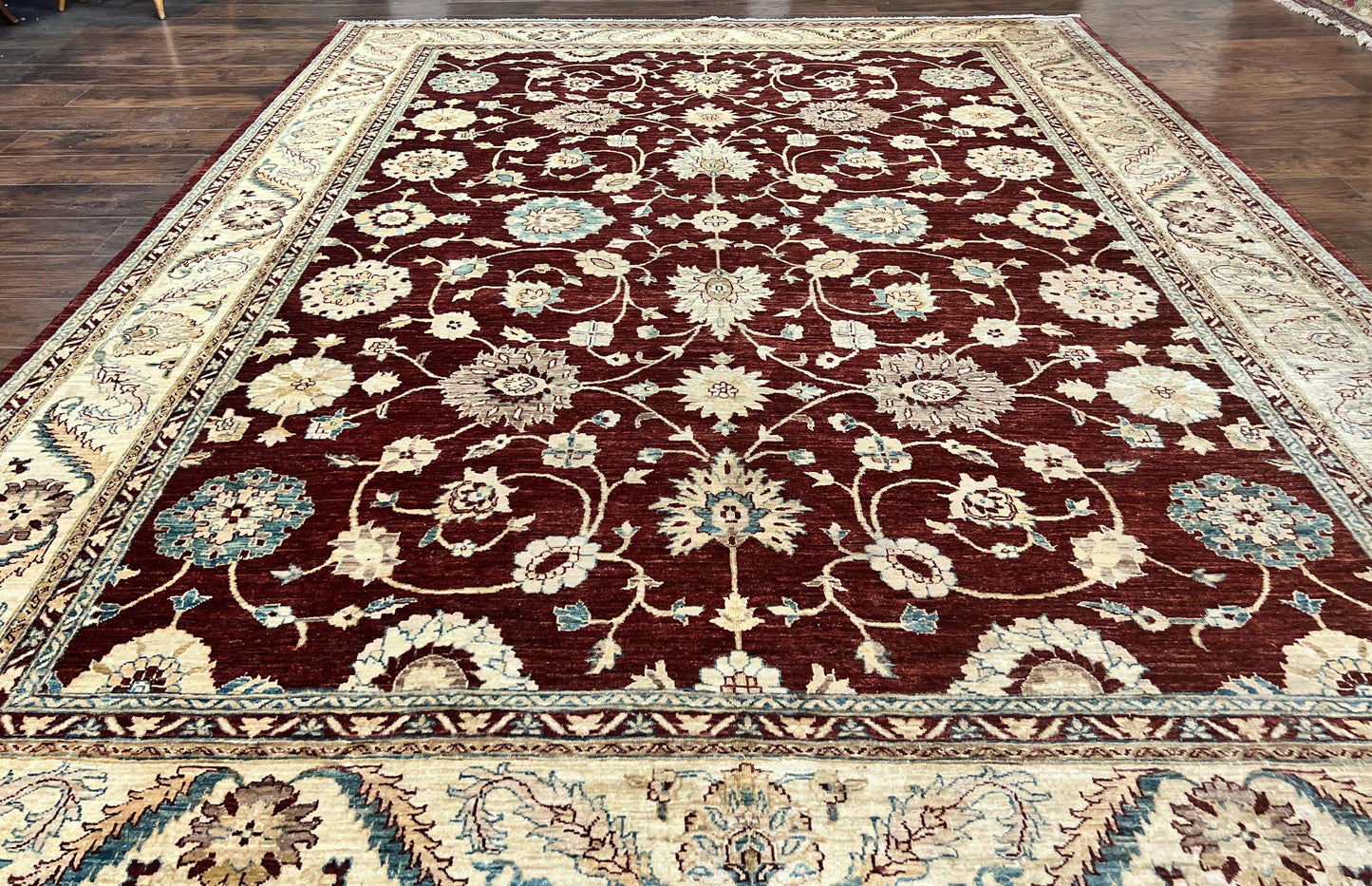 Peshawar Rug 9x11, Pakistani Oriental Carpet, Maroon and Beige, Floral Allover, Wool Hand Knotted Handmade Vintage Rug - Nuvé