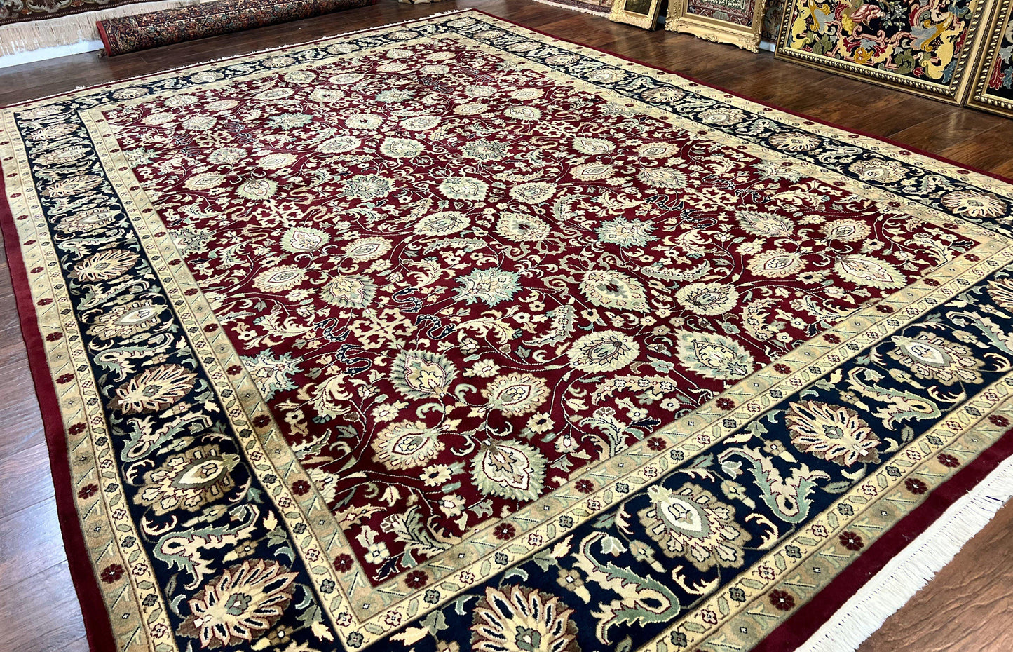 Indo Persian Rug 10x14, Floral Allover, Maroon, Handmade Hand Knotted VIntage Wool Rug, Large Oriental Carpet - Nuvé