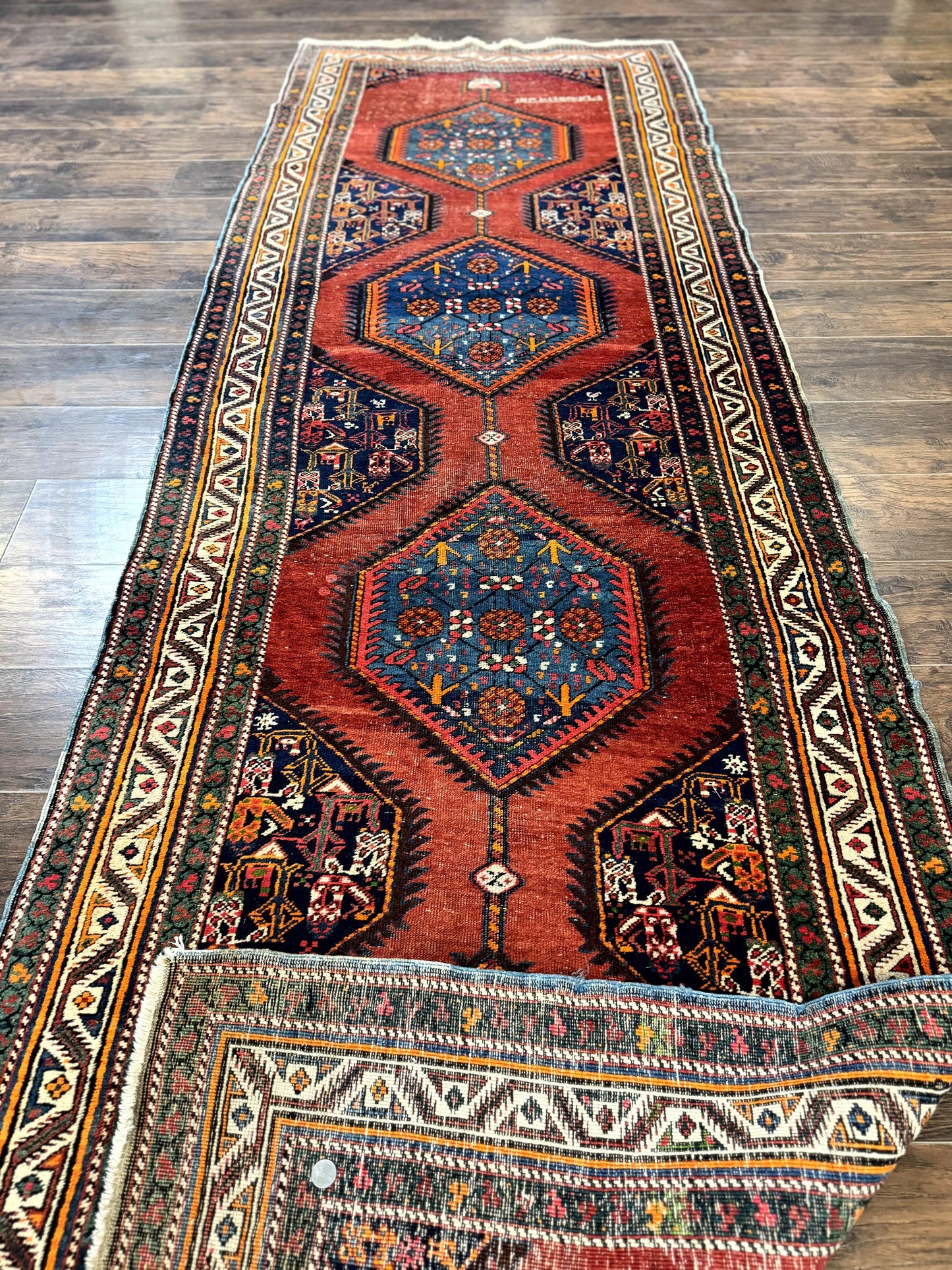 Antique Persian Sarab Runner Rug 3.9 x 12, Red, Handmade, Tribal Runner, Wool, Signed - Nuvé