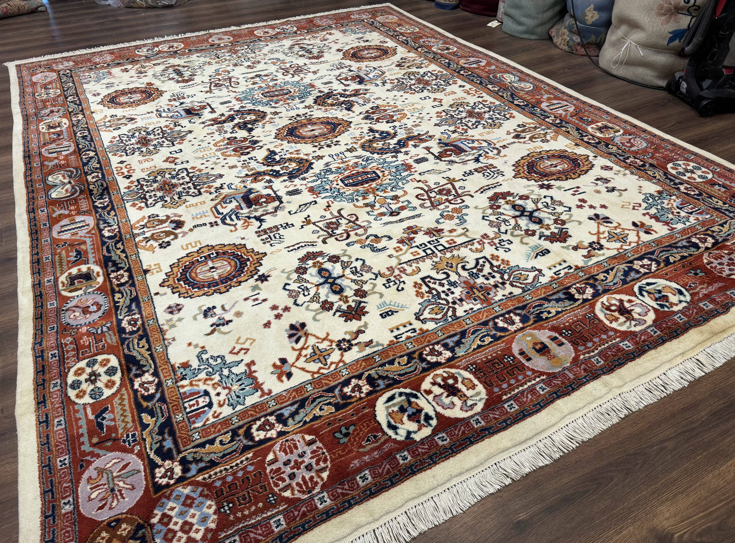 Indo Chinese Wool Rug 9x12, Ivory and Rust Red, Dragon Motifs - Nuvé