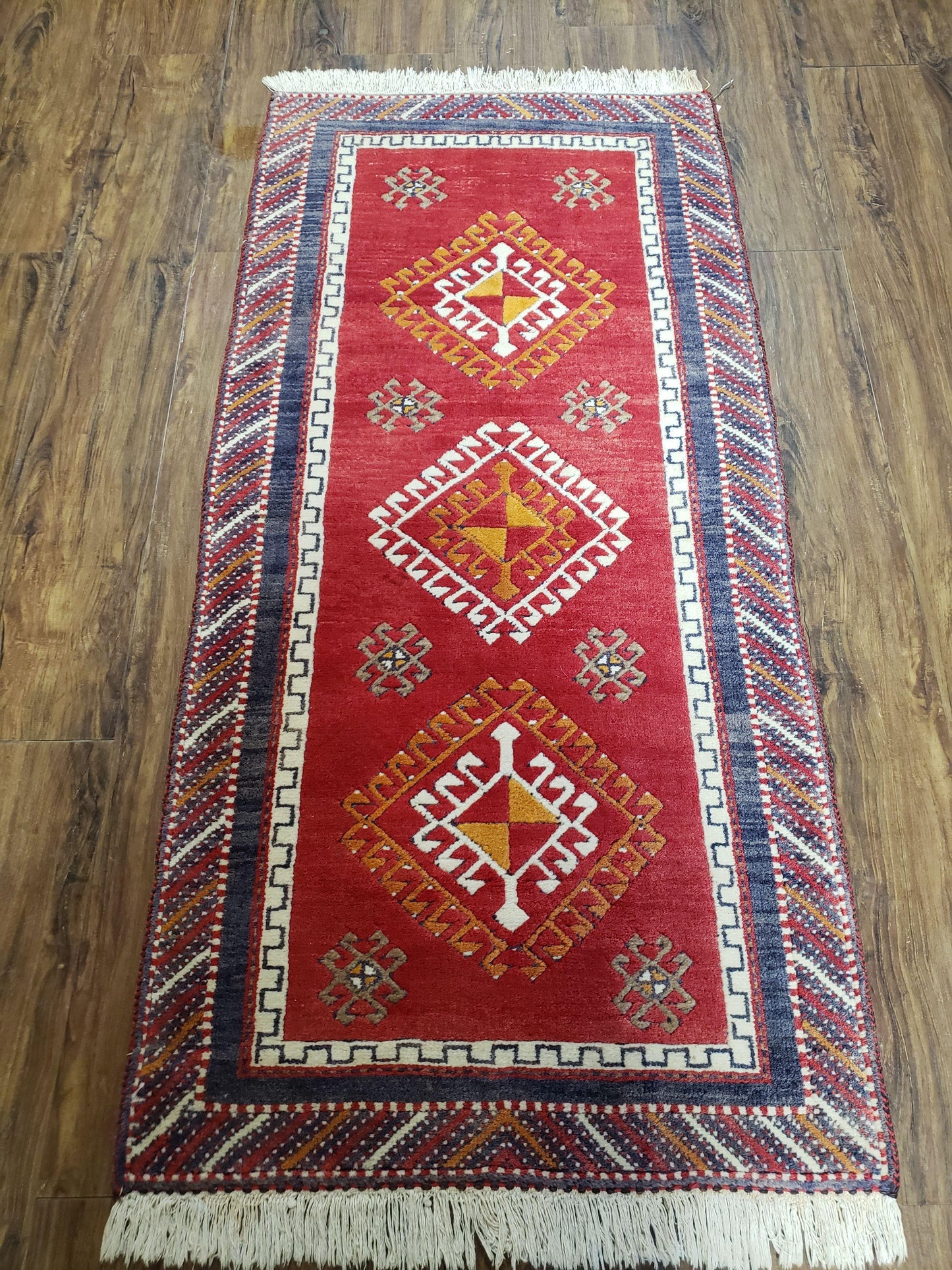 Vintage Turkish Kazak Rug 2.5 x 5 Red Wool Carpet Medallions Runner Geometric - Nuvé