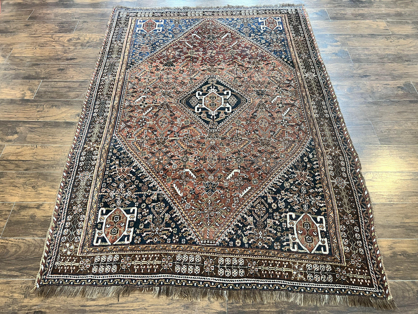 Antique Persian Shiraz Tribal Rug 6x8, Geometric Rug, Wool Handmade Hand Knotted Carpet, Red Blue - Nuvé