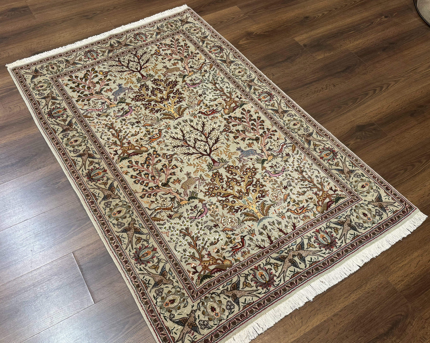 Wonderful Persian Tabriz Rug 3x5, Tree of Life, Animal Pictorials, Birds, Wool & Silk Highlights, Fine 330 KPSI
