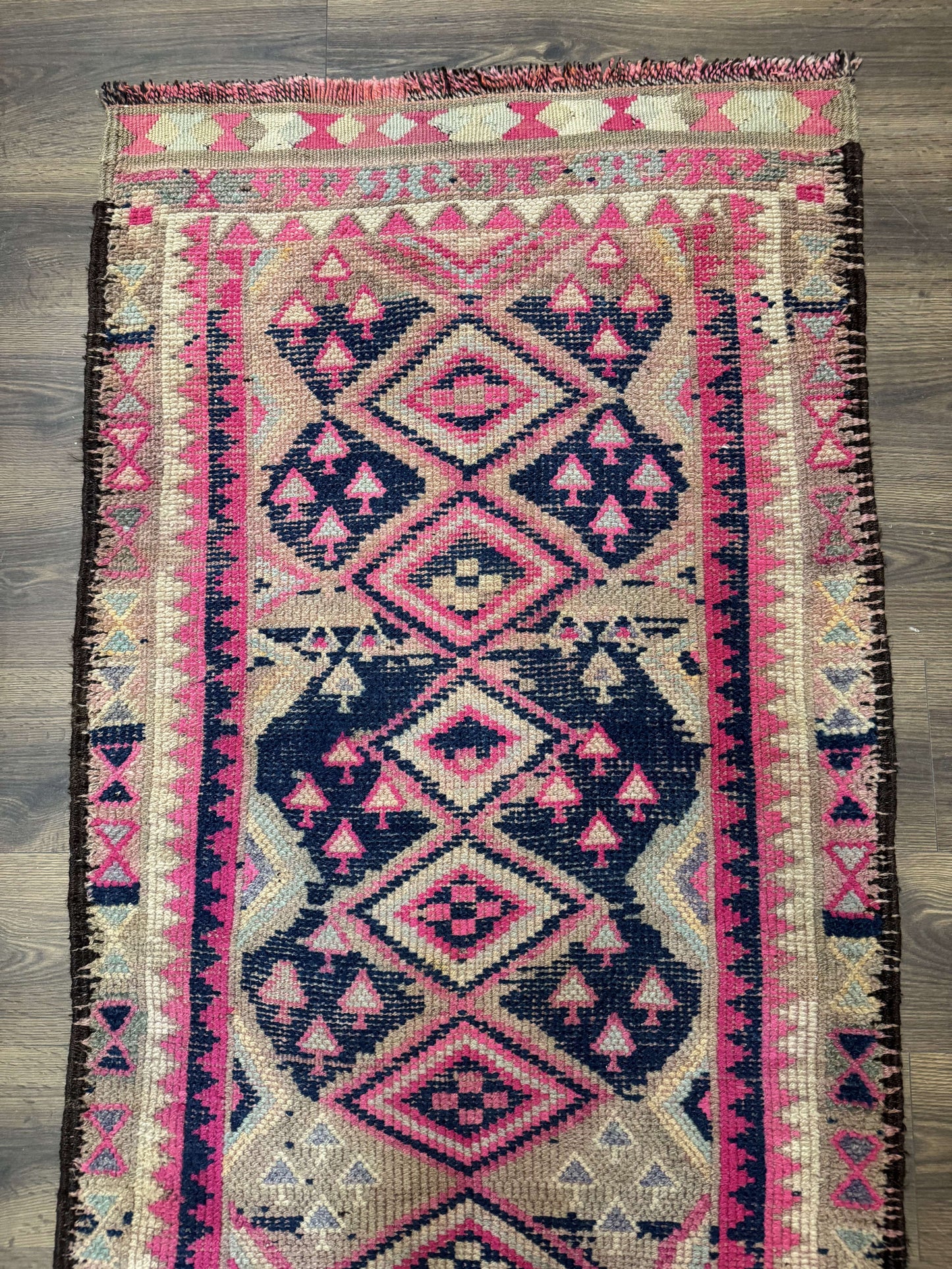 Turkish Runner Rug 3x10, Pink and Navy Blue, Bohemian Runner for Hallway or Kitchen, Vintage, Geometric, Tribal - Nuvé