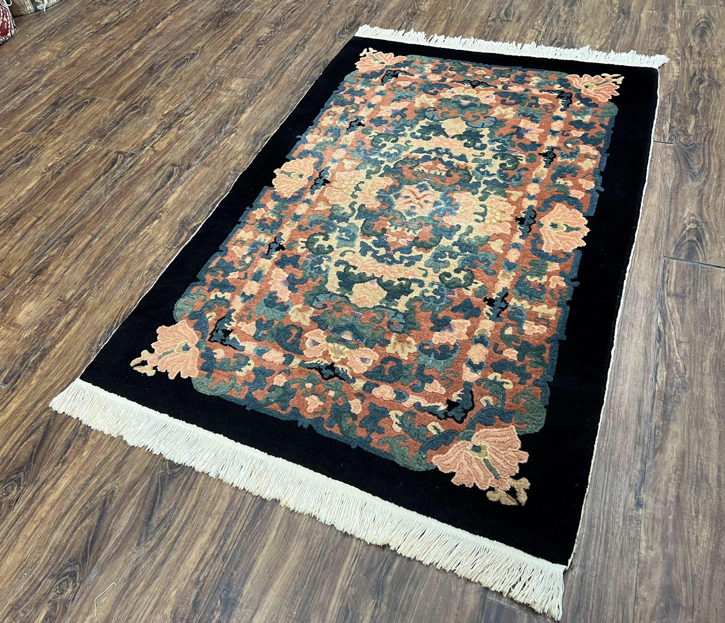 Chinese Art Deco Rug 3x5, Black and Beige Chinese Carpet 3 x 5, Vintage Rug, 1950s Rug, Floral Rug, Handmade Rug, Art Deco Rug, Wool Rug - Nuvé