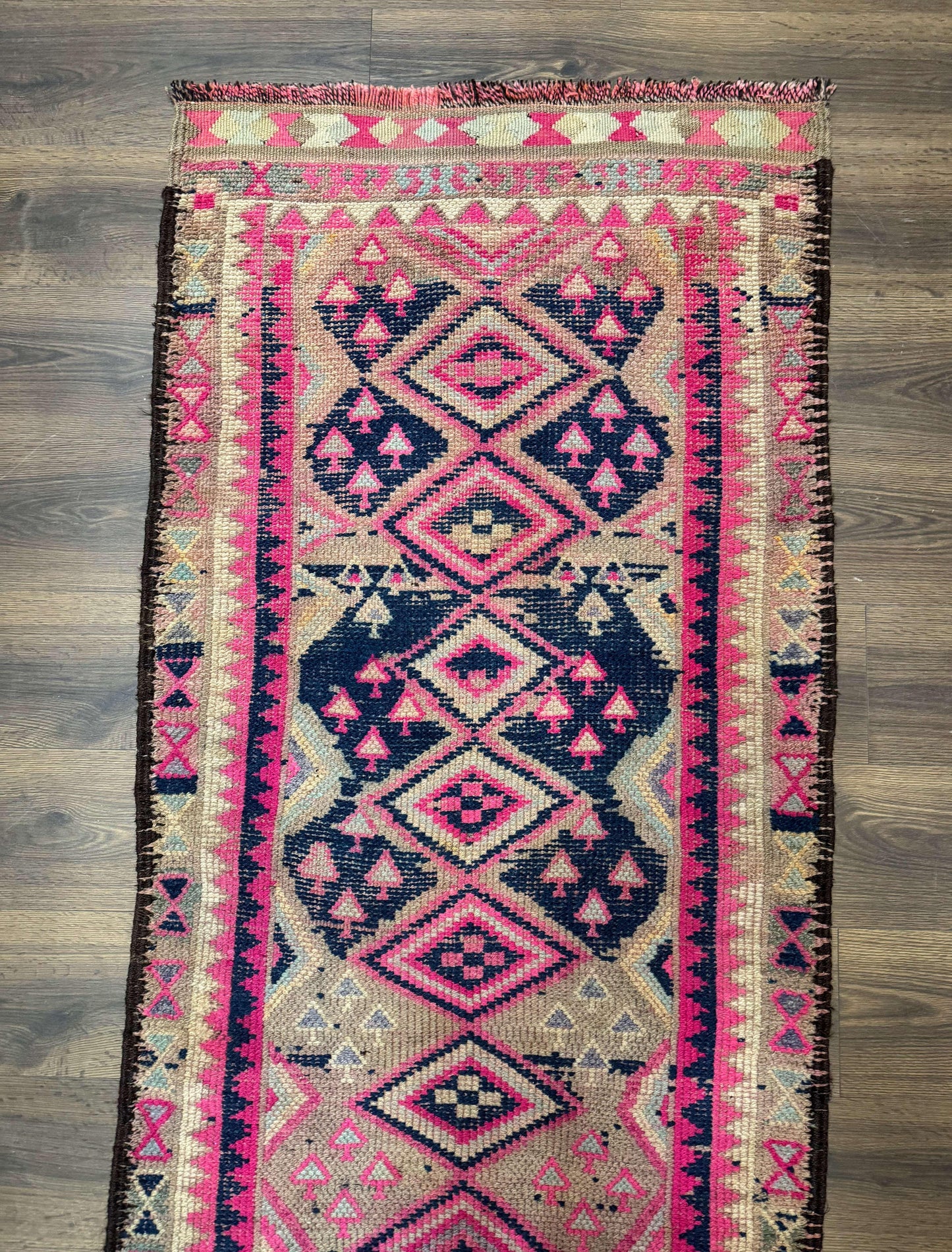 Turkish Runner Rug 3x10, Pink and Navy Blue, Bohemian Runner for Hallway or Kitchen, Vintage, Geometric, Tribal - Nuvé