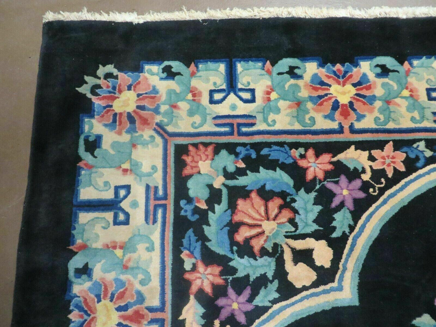 8' x 10' Vintage Handmade Art Deco Plush Chinese Wool Rug center Flower Black - Nuvé