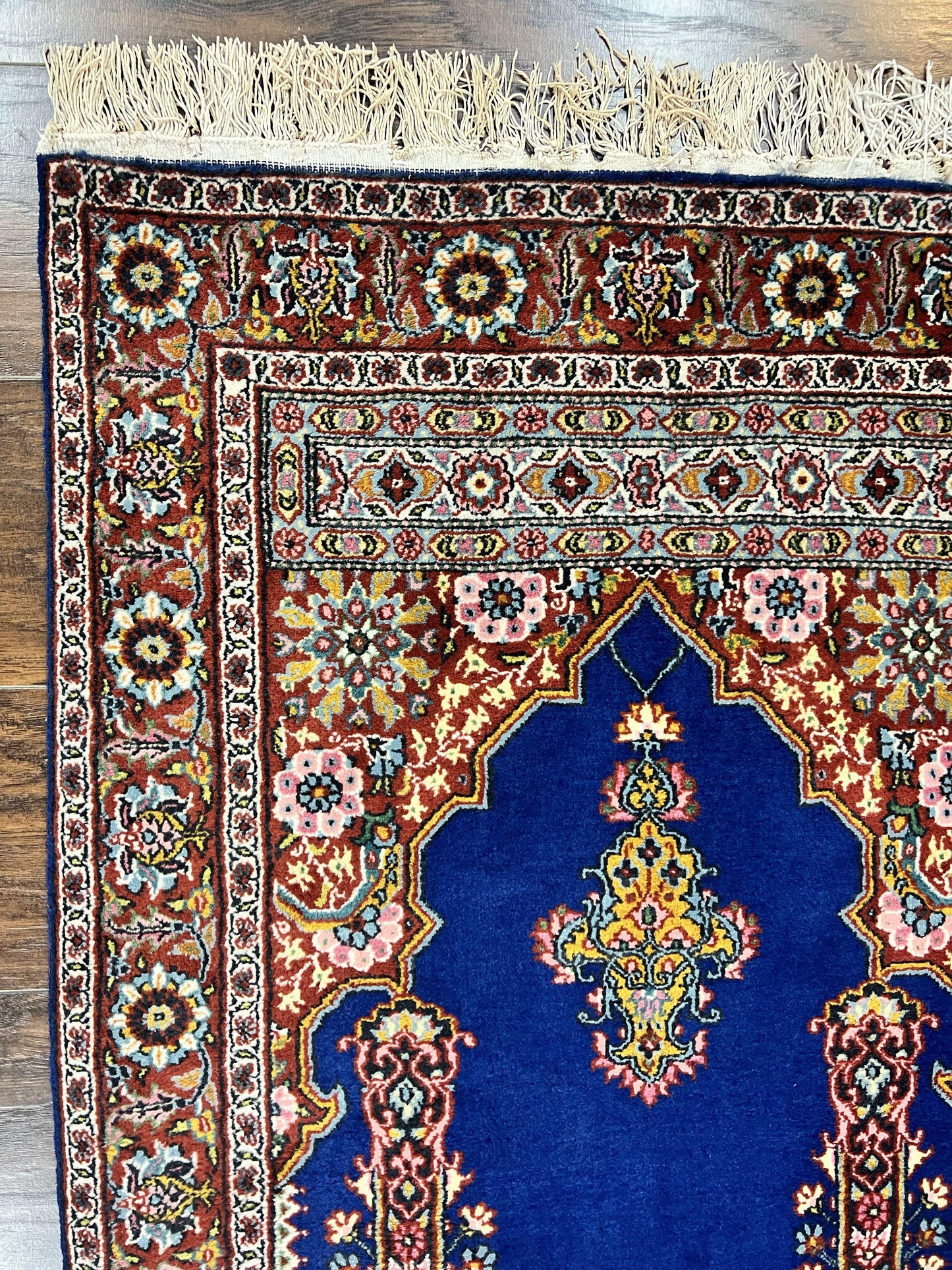 Indo Persian Prayer Rug 3x5, Fine Oriental Carpet, Dark Blue and Red, Vintage Hand Knotted Handmade Prayer Rug - Nuvé