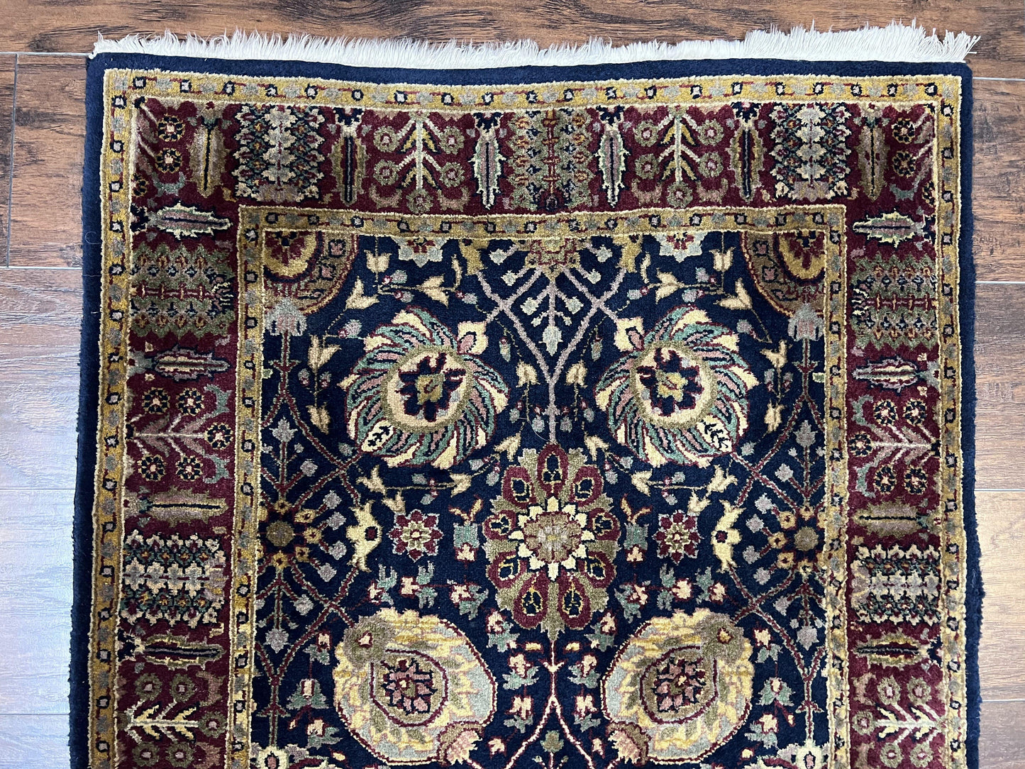 Indo Persian Runner 2.8 x 18, Long Skinny Hallway Wool Runner Rug, Hand Knotted Vintage Floral Allover Traditional Runner Dark Blue Burgundy - Nuvé