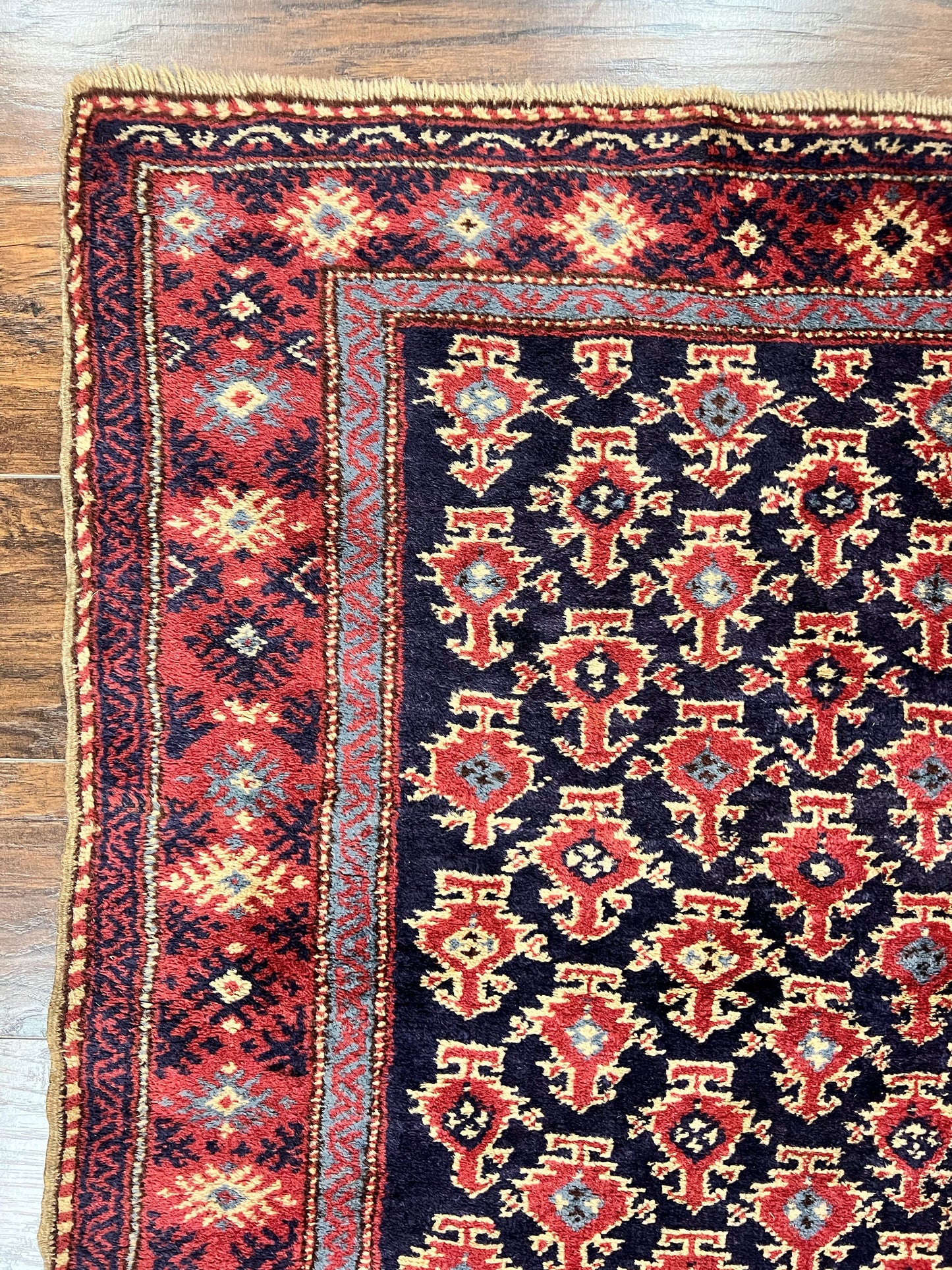 Turkish Sparta Rug 3x4, Allover Pattern, Navy Blue and Red, Antique Ispara Oriental Carpet 3 x 4, Small Turkish Handmade Vintage Wool Rug - Nuvé