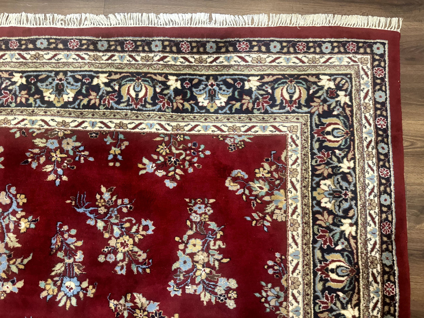 Indo Persian Sarouk Rug 10x14, Large Red and Navy Blue Carpet, Traditional Floral Wool Rug - Nuvé
