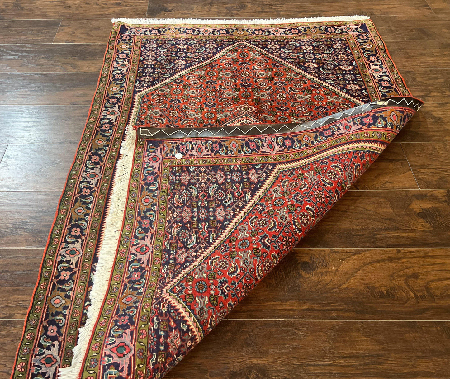Persian Bidjar Rug 4x5, Finely Hand Knotted Vintage Carpet, Red and Navy Blue, Handmade Wool Rug, 180 KPSI - Nuvé