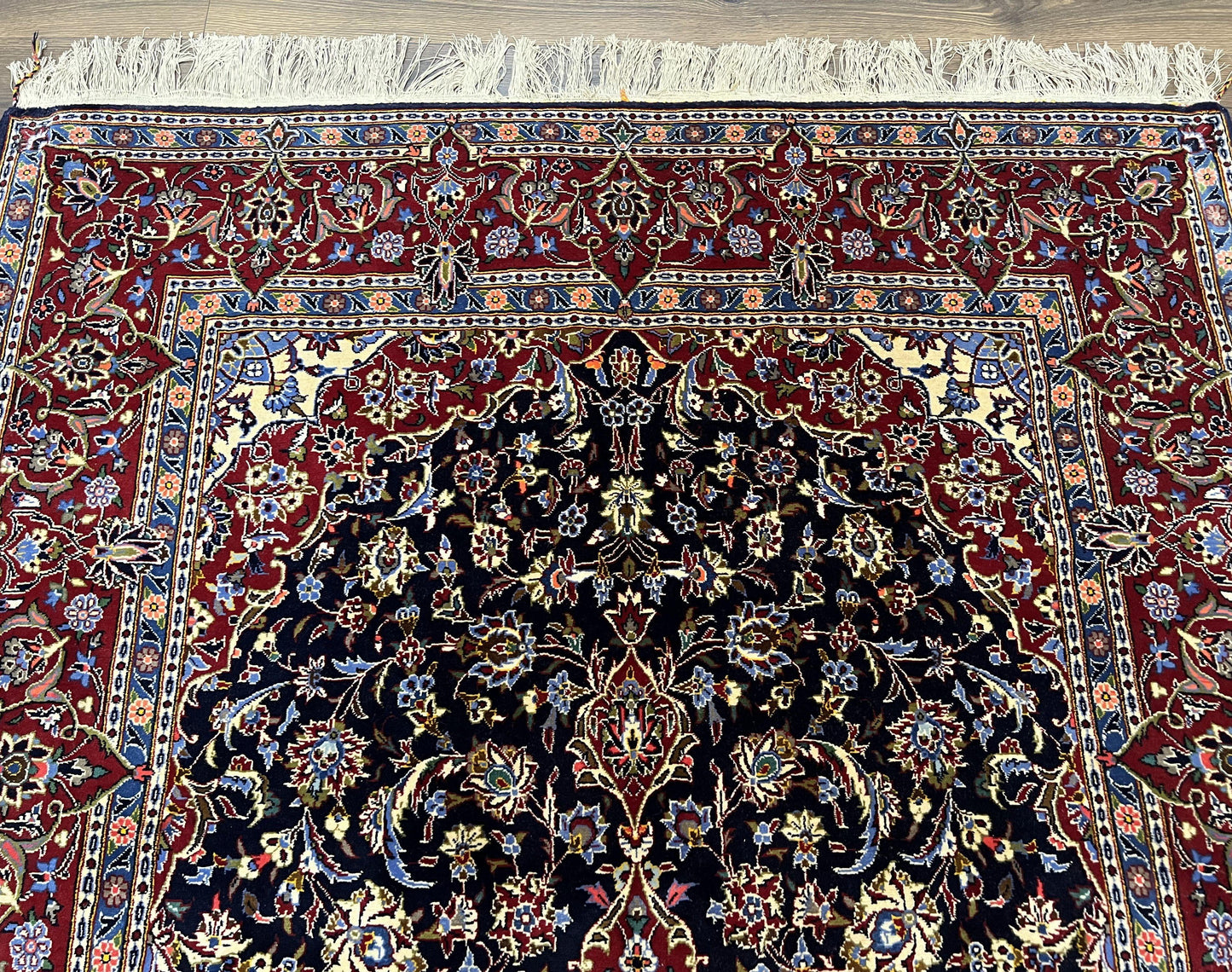 Dark Blue Persian Rug 5x8, Kork Wool Semi Antique Kashan Carpet, Very Fine Lachak Toranj Rug, Hand Knotted Floral Medallion Rug, 5 x 8 Oriental Rug - Nuvé