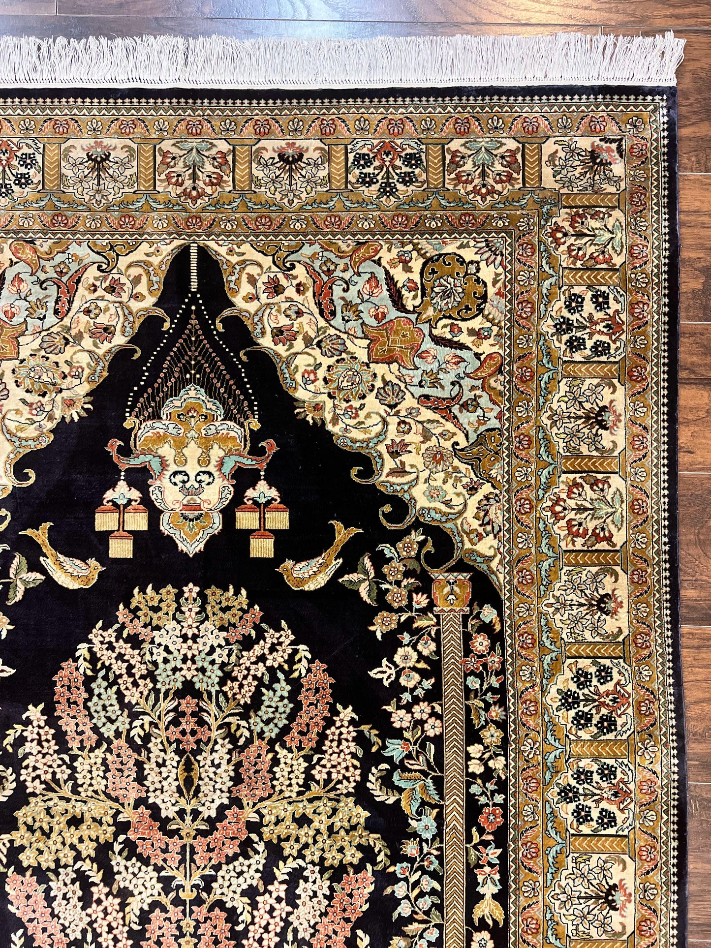 Wonderful Sino Persian Silk Rug 4x6, Tree of LIfe Design, Masterpiece 575 KPSI, Birds, Prayer Rug, Black, Silk on Silk - Nuvé
