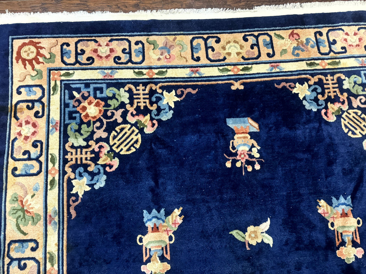 Chinese Wool Rug 8x11, Navy Blue and Beige, Simple Design, Fete Carpet - Nuvé