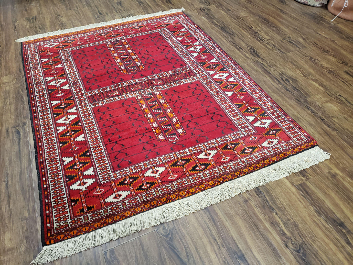 Antique Persian Turkoman Rug 4x5, Hatchli Tekkeh Ersari Red Tribal Rug, Handmade Wool Oriental Carpet, Four Seasons Rug - Nuvé