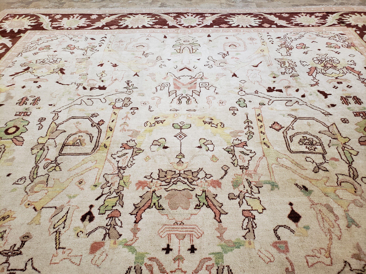 Beige and Maroon Peshawar Rug 10x15, Large Oushak Carpet, Pakistani Rug, Handmade Area Rug, Hand Knotted Rug, Living Room Rug, Nice Wool Rug