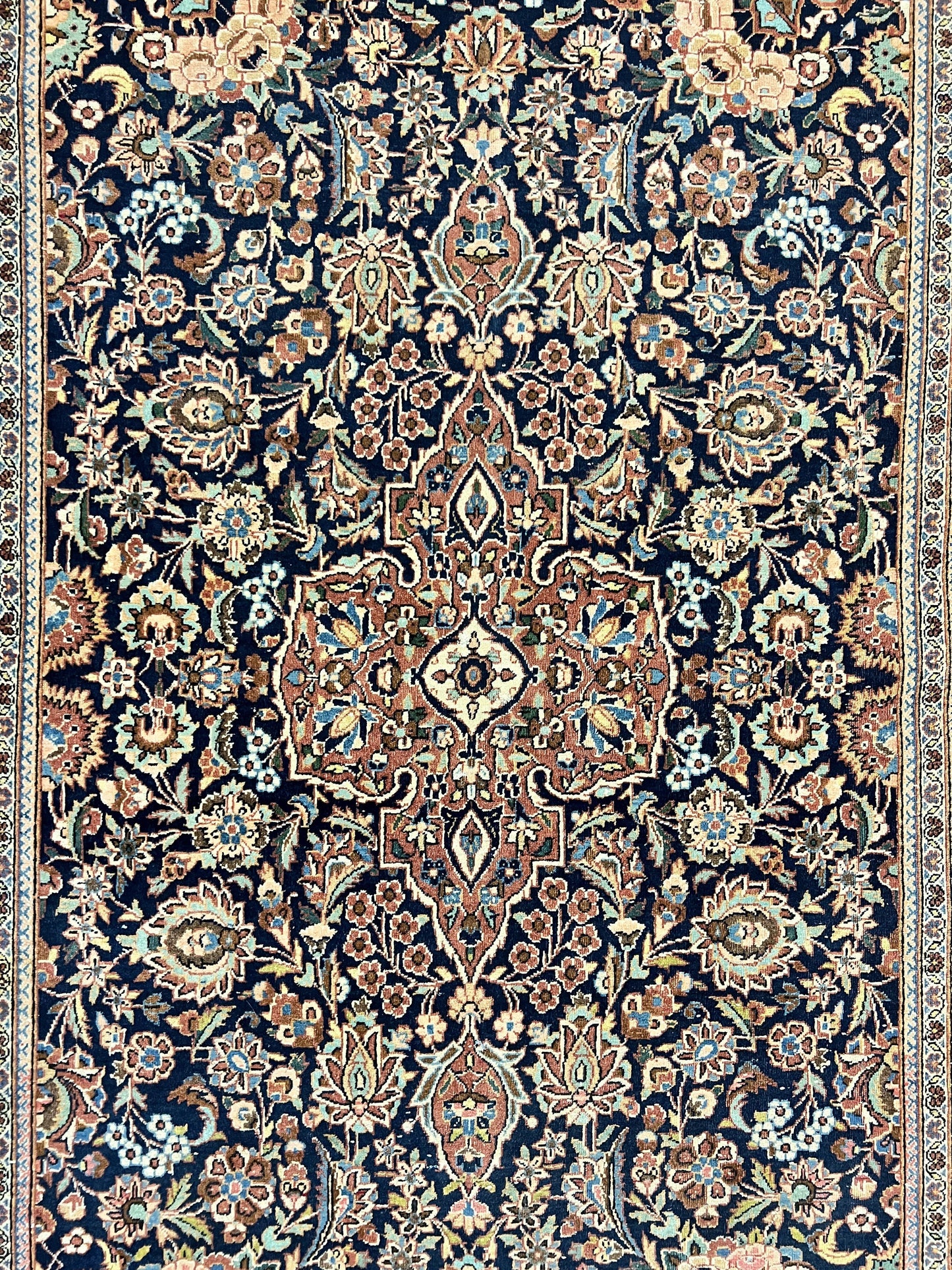 Persian Kashan Rug 4x7, Floral Medallion Vintage Handmade Hand Knotted Navy Blue & Red Wool Oriental Carpet, Highly Detailed Semi Antique Rug - Nuvé