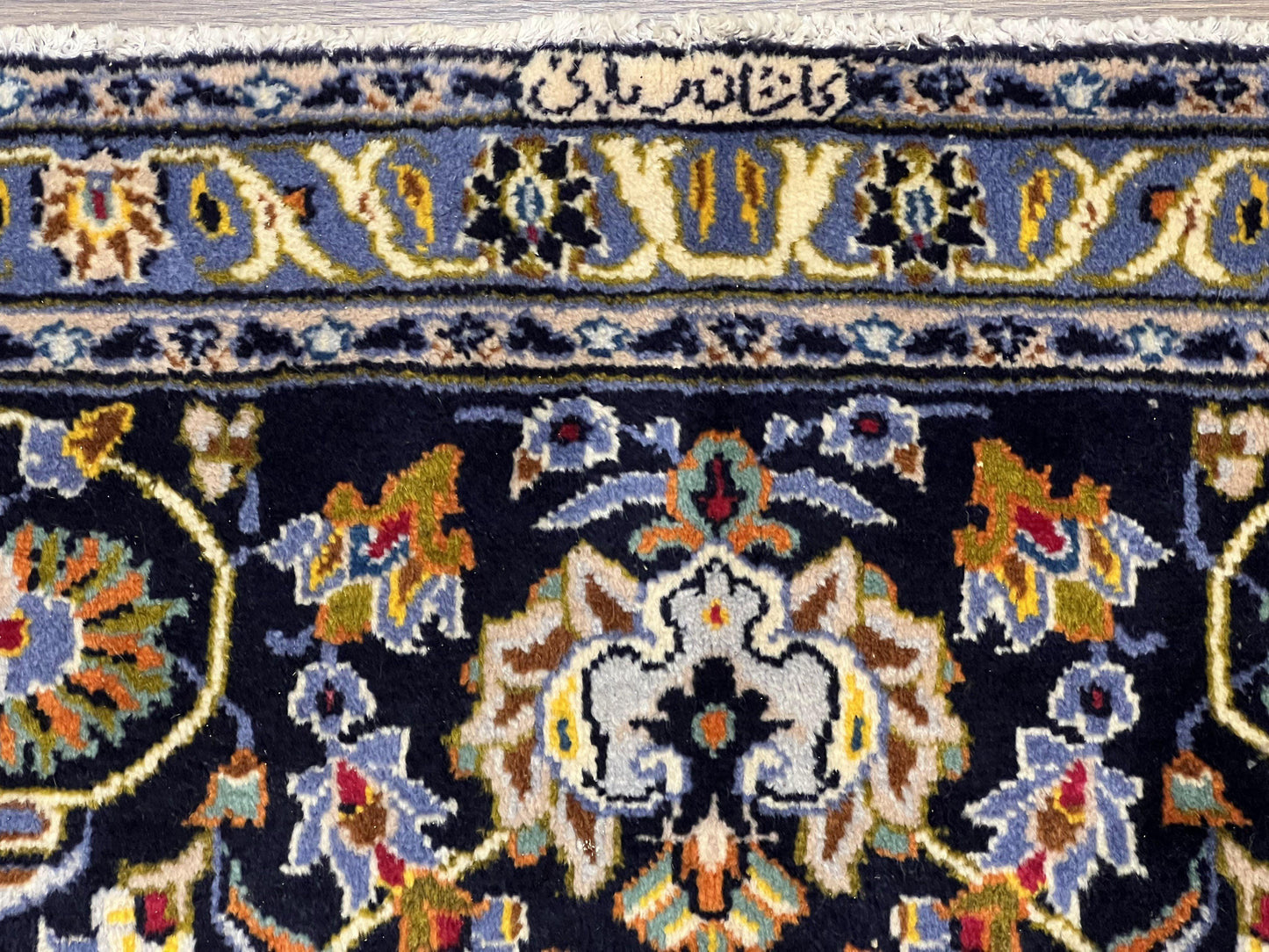Wonderful Navy Blue Persian Kashan Rug 11x13, Allover Floral Design with Central Medallion, Wool Hand-Knotted Antique Carpet, Signed Rabani Rug - Nuvé