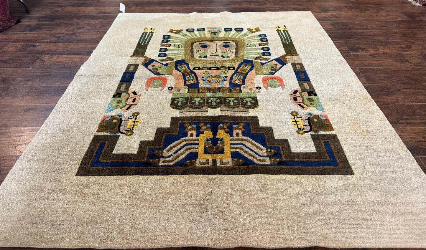 South American Rug 6x7, Unique Native American Design, Ivory, Ecuador Rug, Handmade Wool - Nuvé